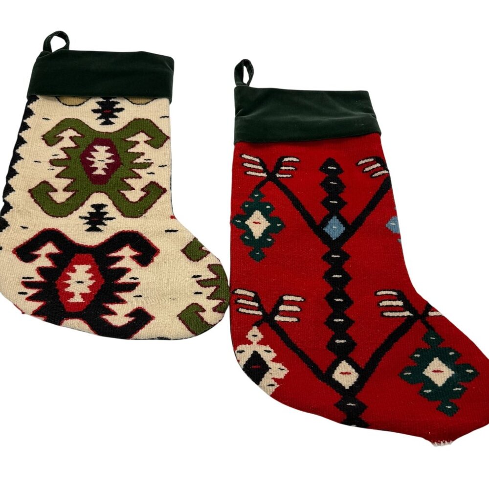 Kilim handmade Christmas stocking set of 2 southwest geometric print Native wool